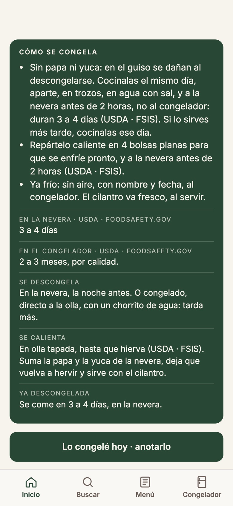 La ficha de una receta, en la parte de cómo congelarla y calentarla