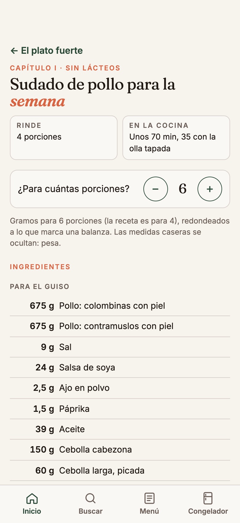 La ficha con las porciones cambiadas a 6 y los gramos recalculados