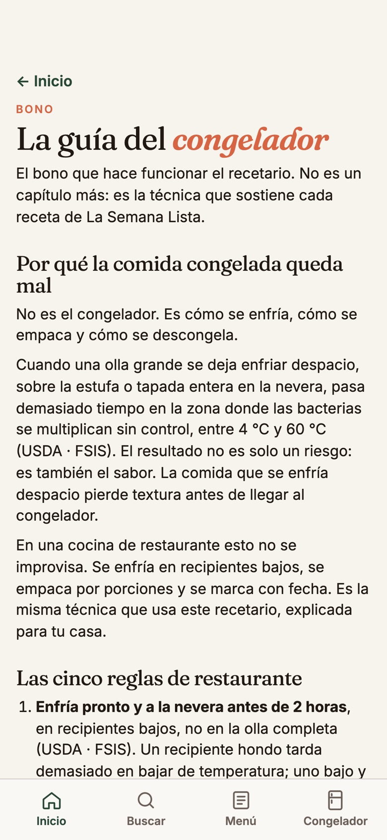 La guía del congelador, dentro de la app