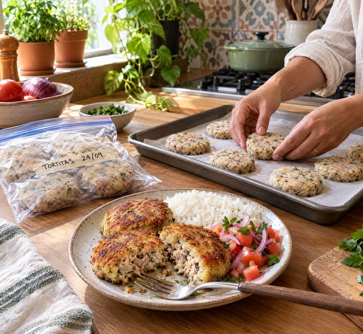 Tortitas de atún doradas con arroz y ensalada de tomate y cebolla; atrás, unas manos ponen las tortitas crudas en la bandeja, junto a su bolsa