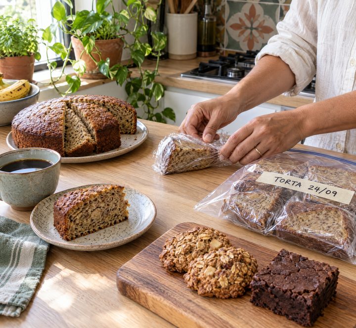 Unas manos envuelven una tajada de torta de banano; al lado, café, galletas de avena, brownie y las tajadas envueltas en su bolsa