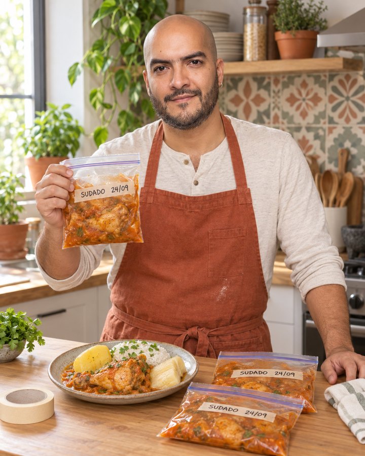 Carlos Yepes en una cocina de casa, con delantal terracota, mostrando una bolsa plana de sudado con su fecha; adelante, un plato de sudado servido