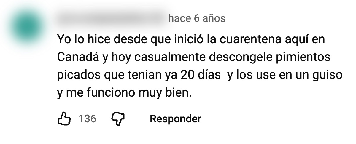 Captura de un comentario en un video de receta, con el nombre y la foto difuminados