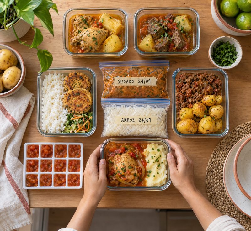 Unas manos ponen la quinta coca de la semana: sudado, carne, tortitas con arroz, carne molida y pollo guisado, junto a las bolsas planas de sudado y arroz con su fecha y la cubeta de hogao